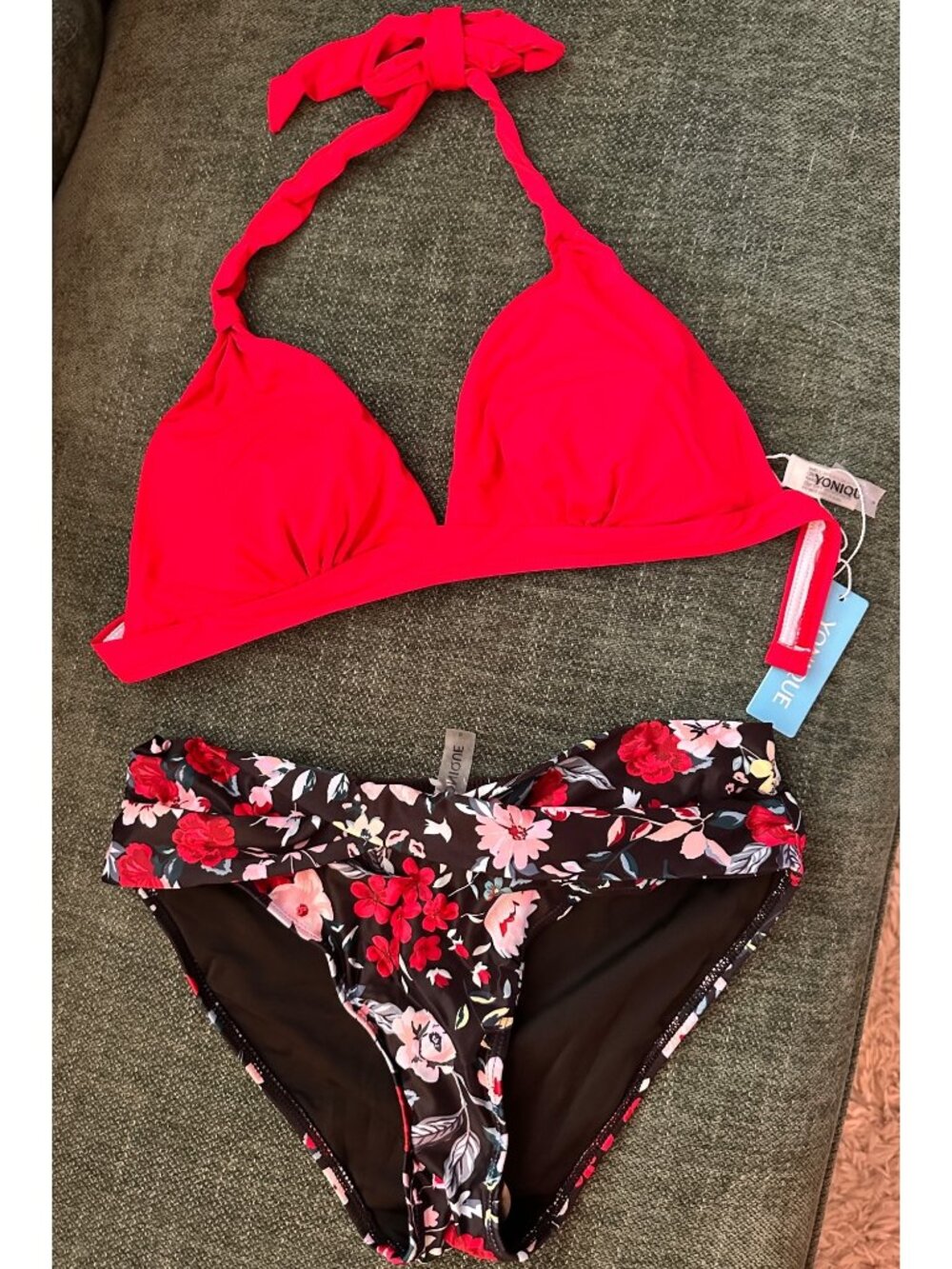 Yonique red top floral bottom bikini size small NWT